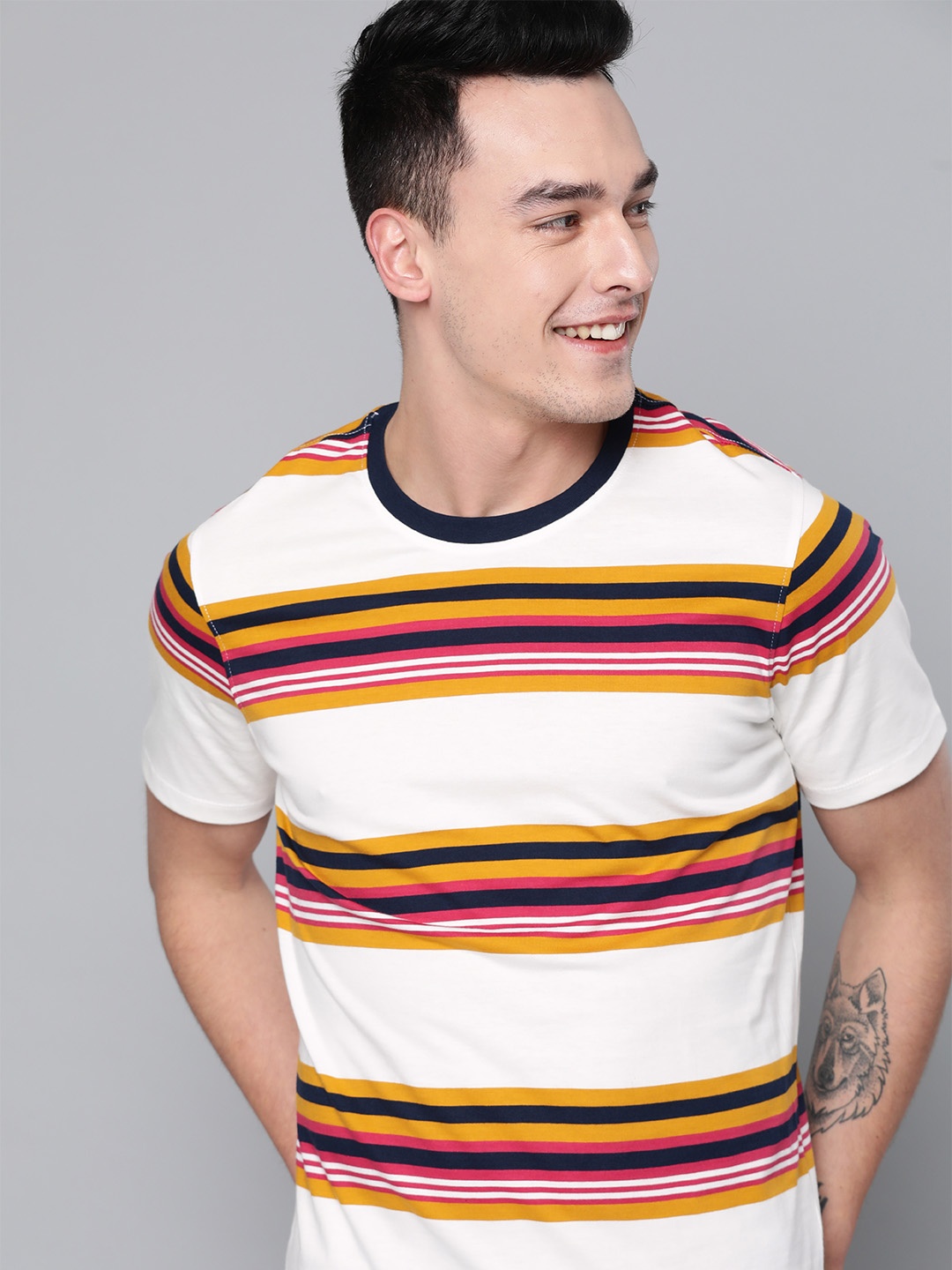 

Mast Harbour Men Off-White Mustard Yellow Striped Round Neck Pure Cotton T-shirt