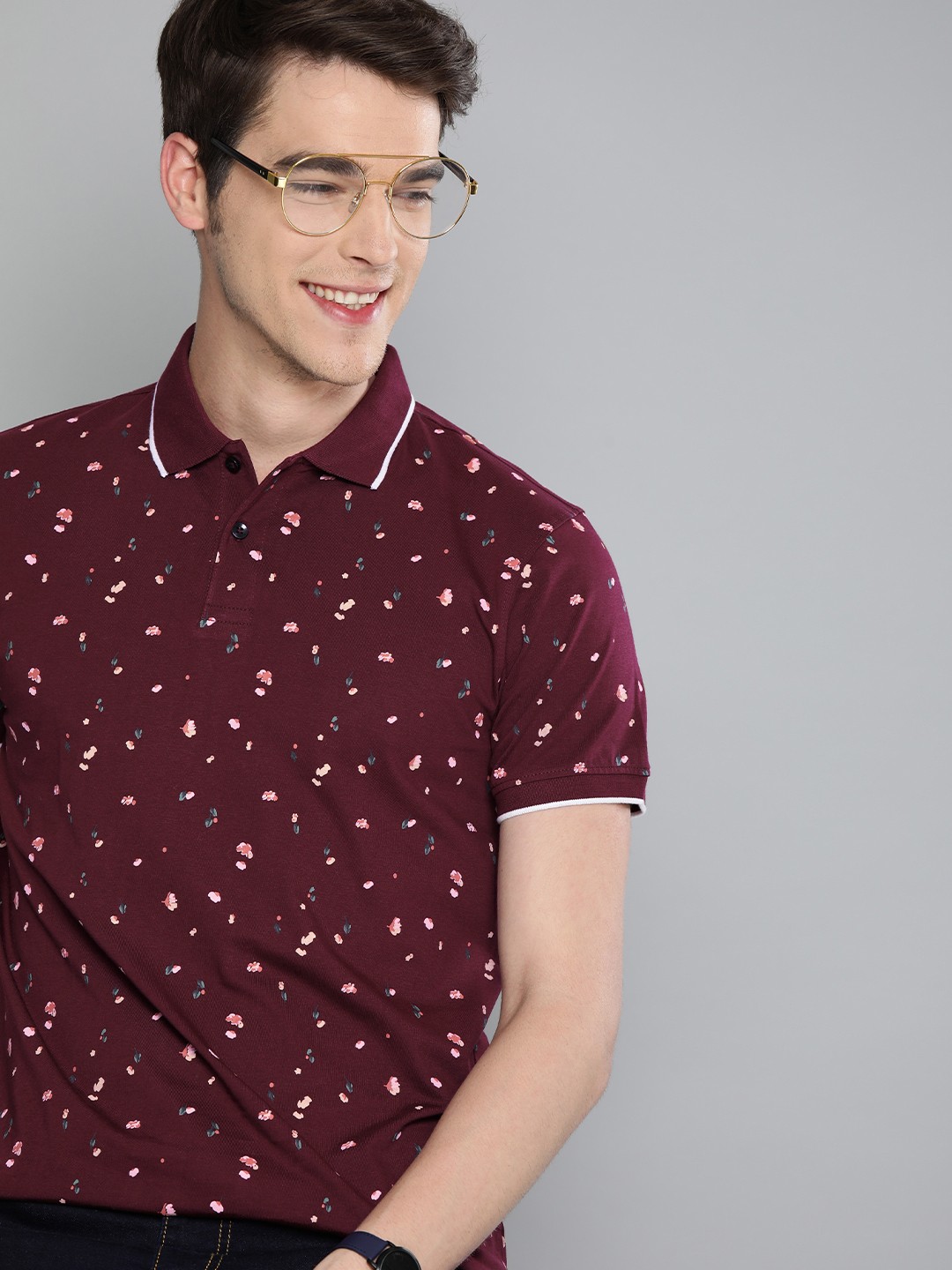 

Mast Harbour Men Burgundy Printed Polo Collar Pure Cotton T-shirt
