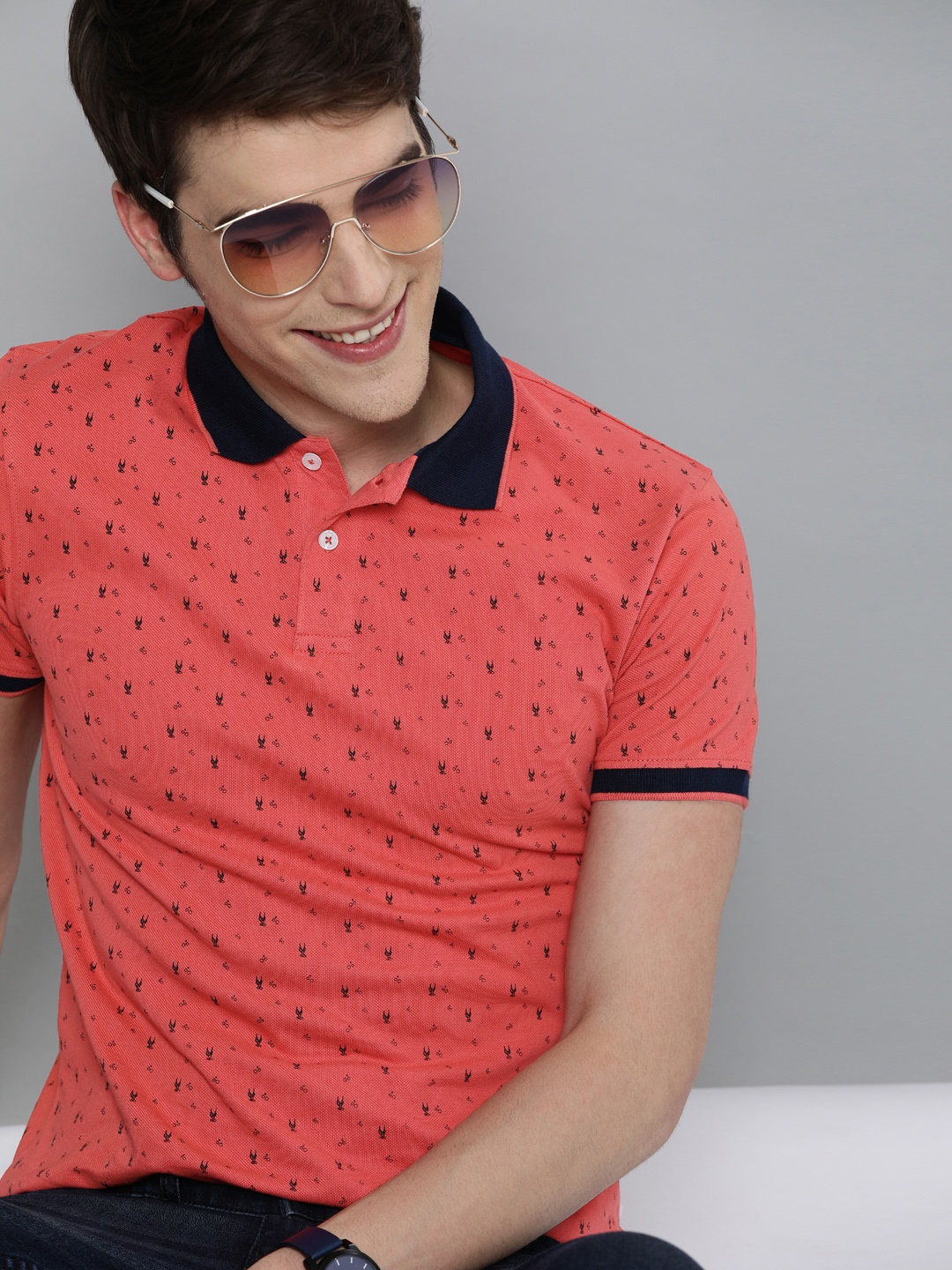 

Mast Harbour Men Coral Orange Printed Polo Collar Pure Cotton T-shirt