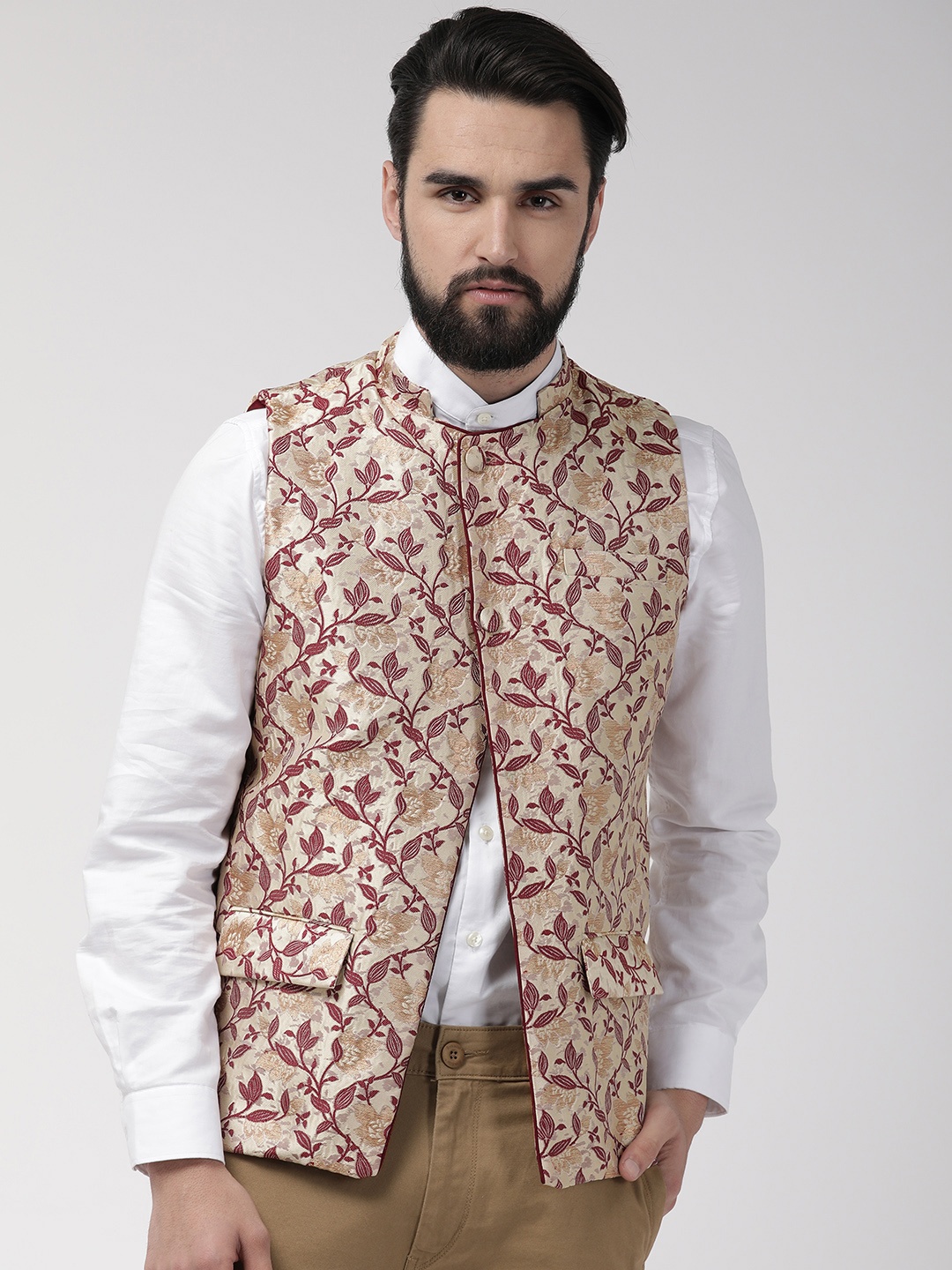 

Style Quotient Men Beige & Maroon Woven Design Nehru Jacket