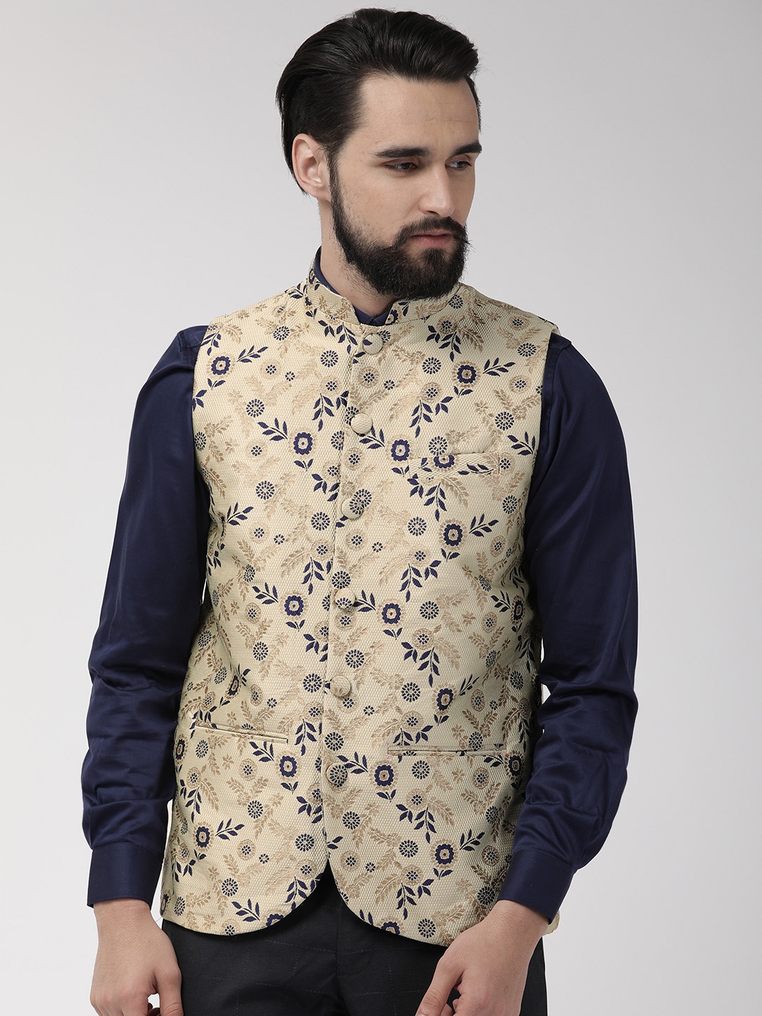 

Style Quotient Men Beige & Navy Blue Woven Design Nehru Jacket