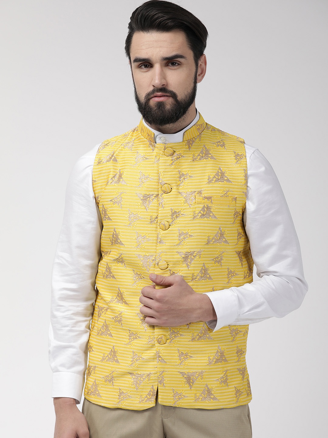 

Style Quotient Men Yellow & Gold-Toned Woven Design Nehru Jacket
