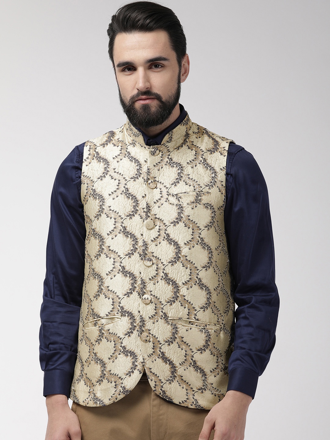 

Style Quotient Men Beige and Navy Blue Woven Design Nehru Jacket