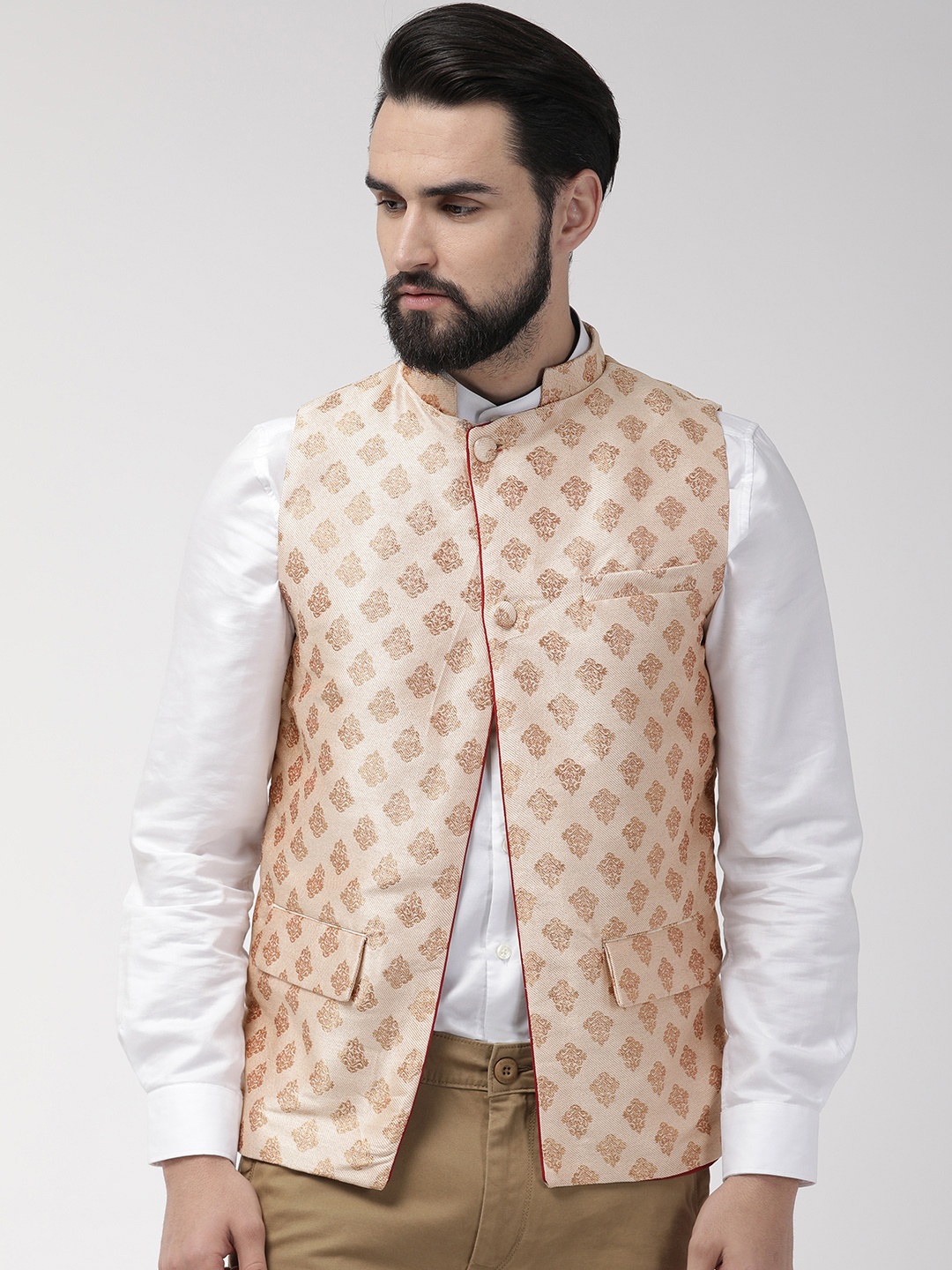 

Style Quotient Men Beige & Gold-Toned Woven Design Nehru Jacket