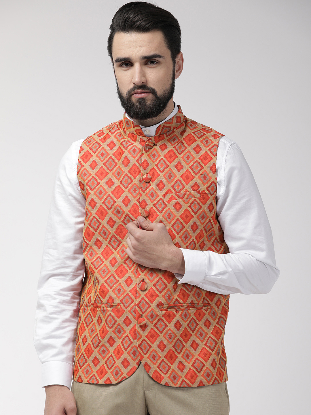 

Style Quotient Men Beige & Red Woven Design Nehru Jacket