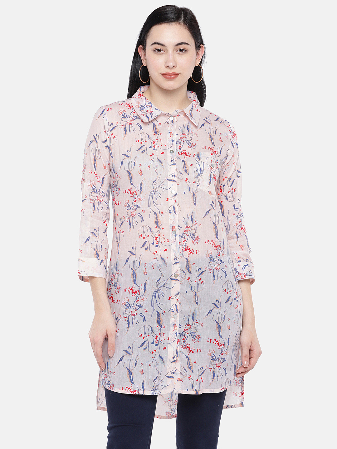 

Prakrti Women Peach-Coloured & Blue Printed Longline Shirt Style Top