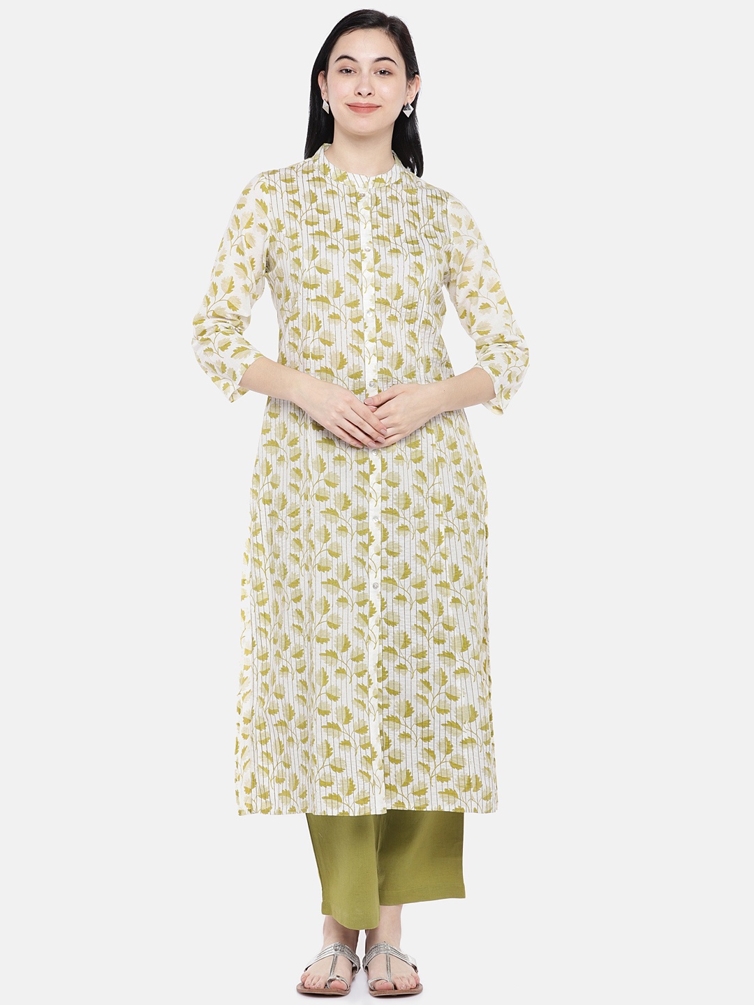 

Prakrti Women Green & White Printed Kurta with Trousers