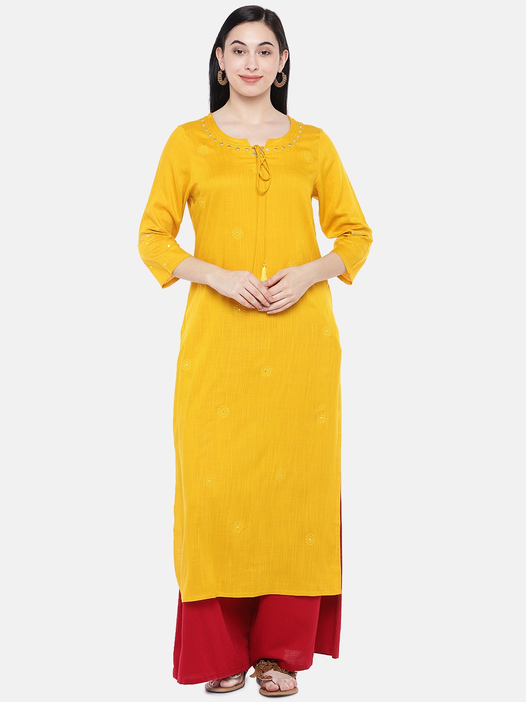 

Prakrti Women Mustard Yellow Embroidered Straight Kurta
