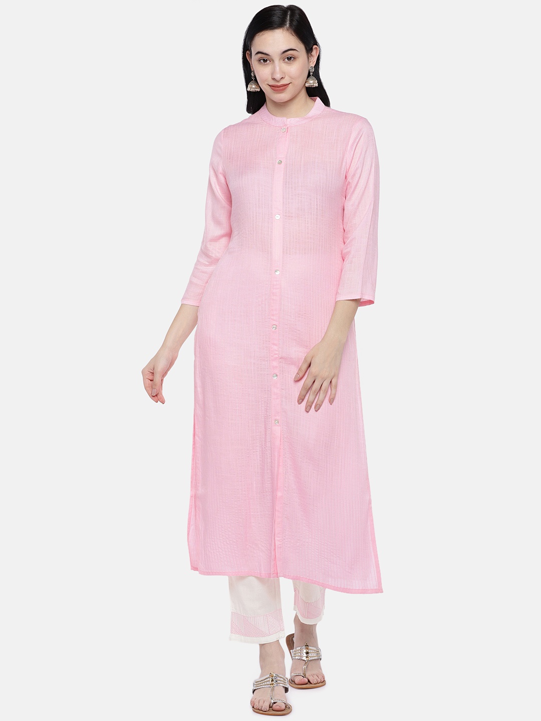 

Prakrti Women Pink & White Solid Kurta with Trousers