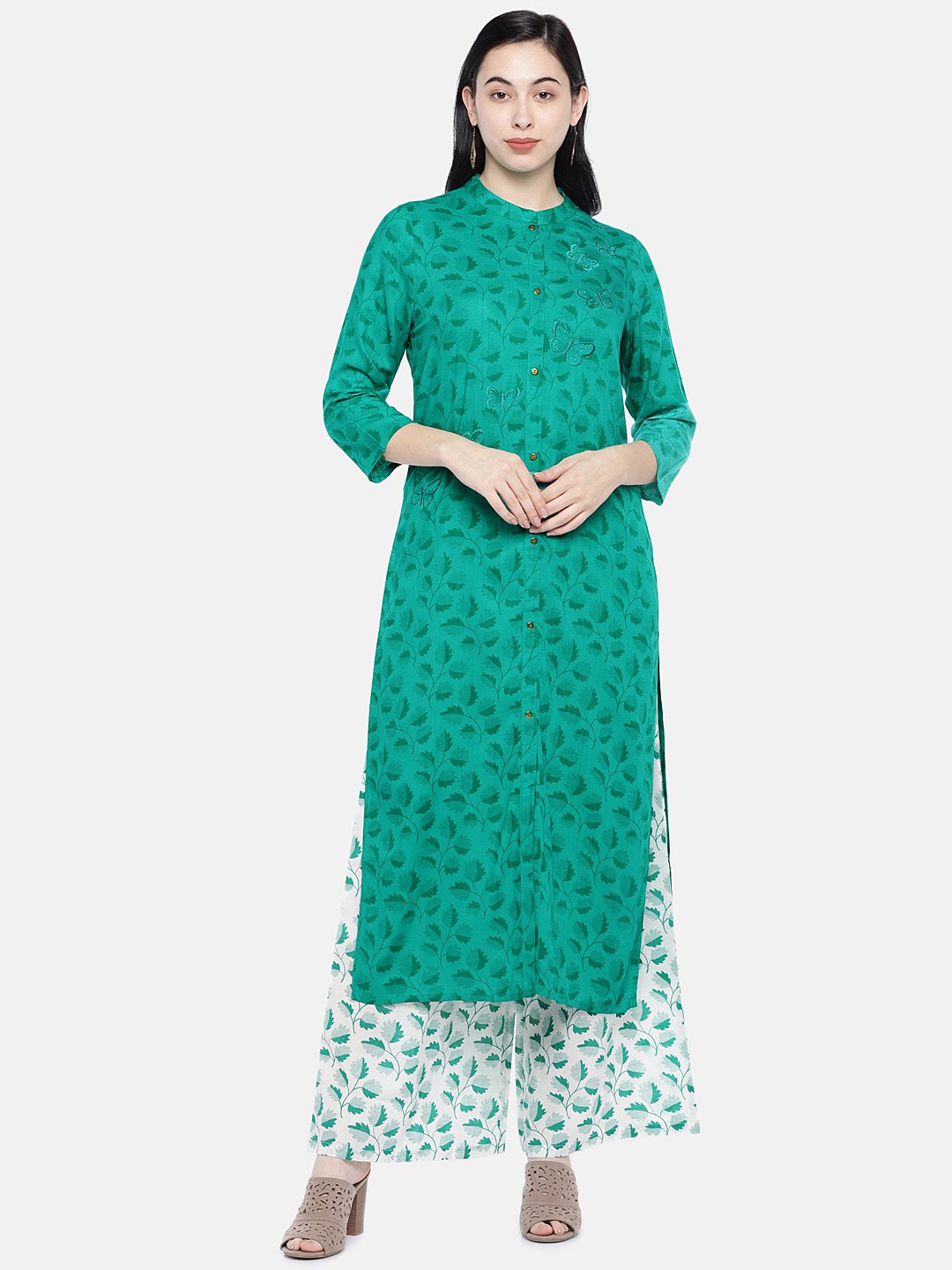 

Prakrti Women Sea Green & White Printed Kurta with Palazzos