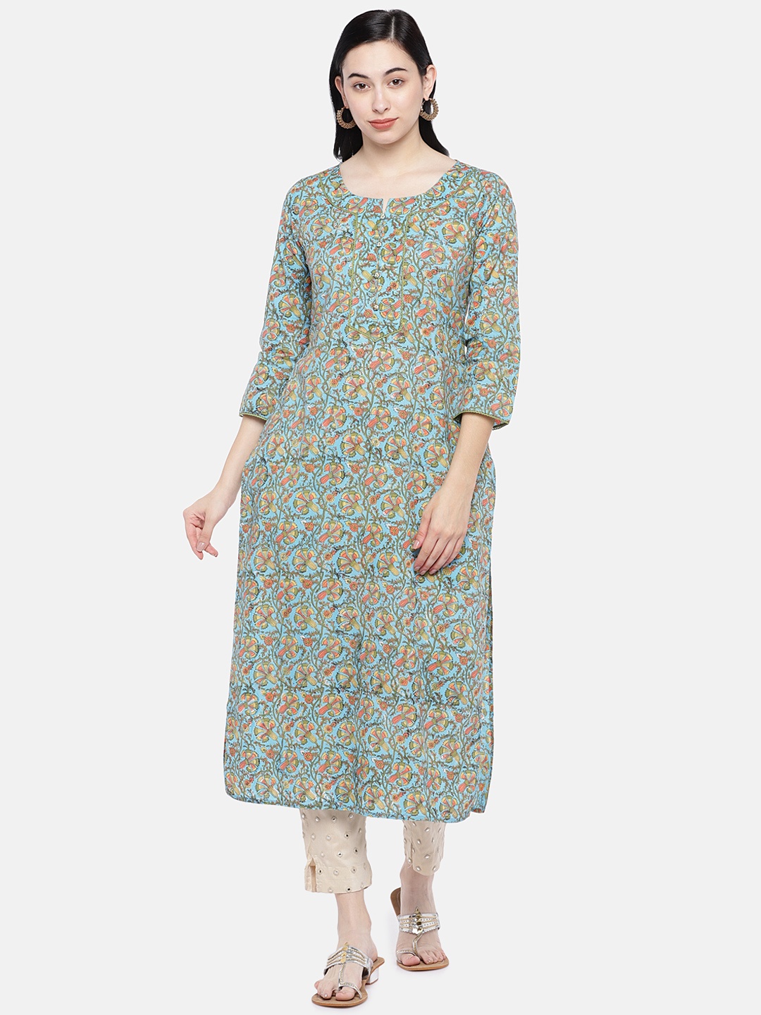 

Prakrti Women Blue & Green Printed Straight Kurta