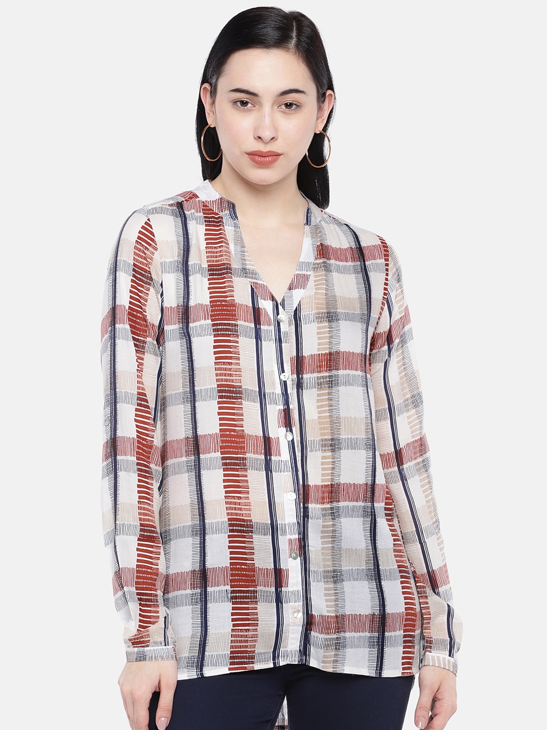 

Prakrti Women White & Rust Brown Checked Shirt Style Top