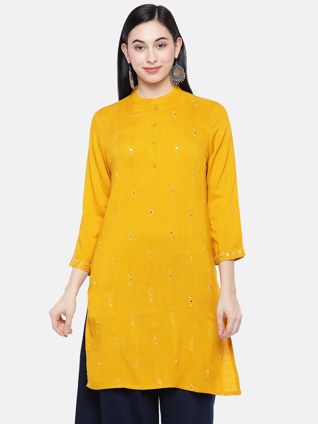 

Prakrti Women Mustard Yellow Embroidered Straight Kurta