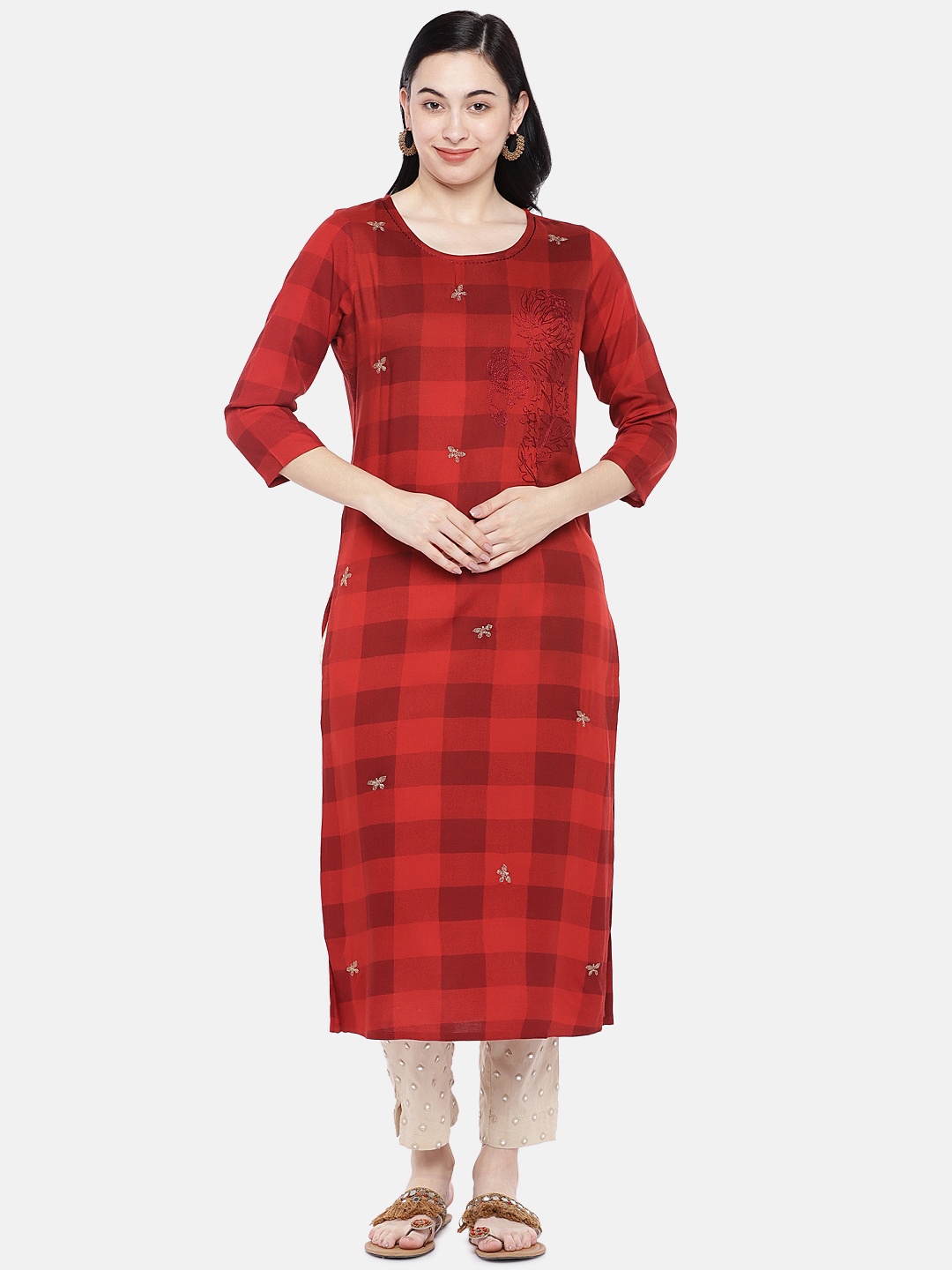 

Prakrti Women Red Checked Straight Kurta