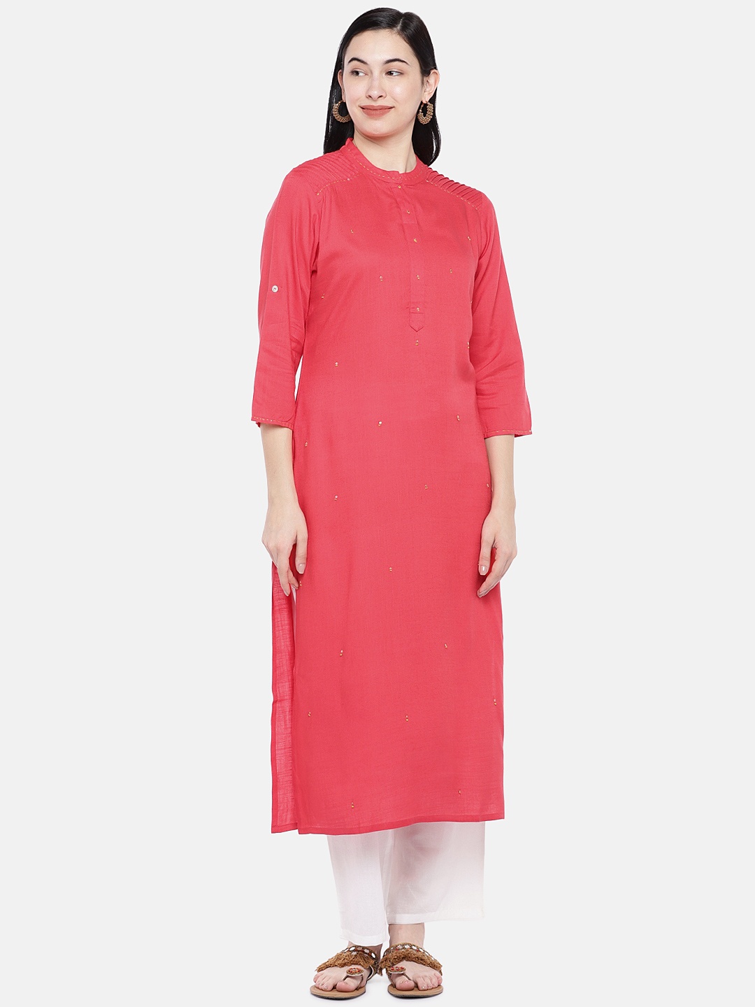

Prakrti Women Coral Pink & White Solid Kurta with Trousers