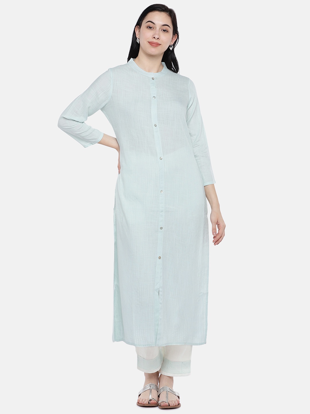 

Prakrti Women Sea Green & White Solid Kurta with Trousers