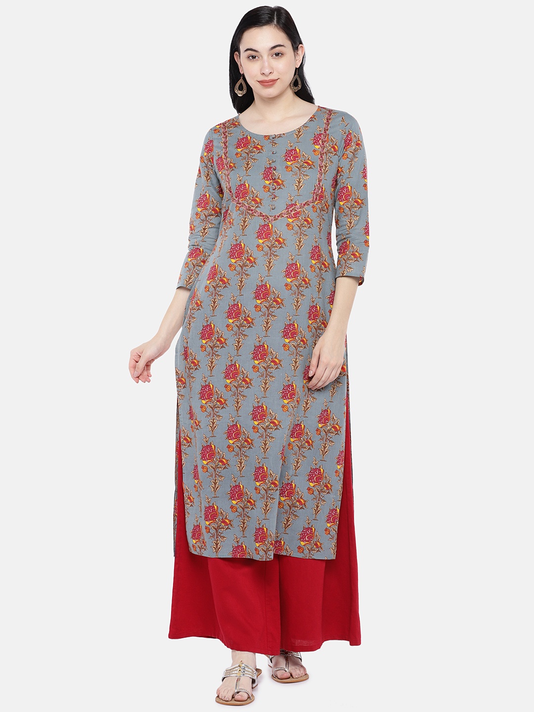 

Prakrti Women Grey & Red Printed Straight Kurta