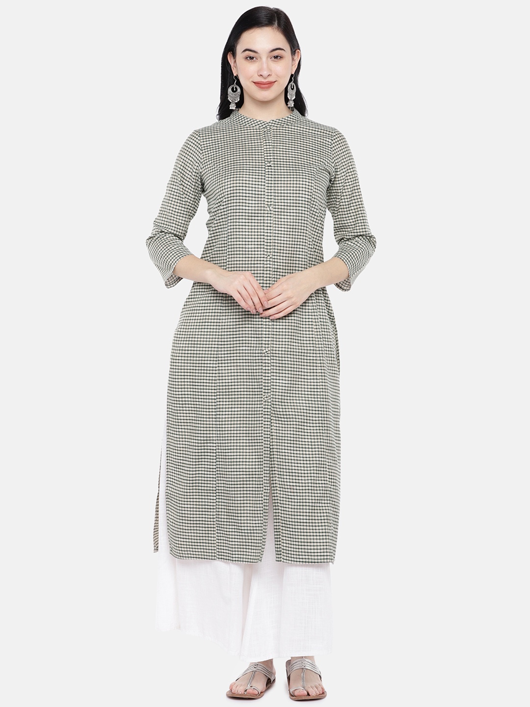 

Prakrti Women Green & Beige Checked Straight Kurta