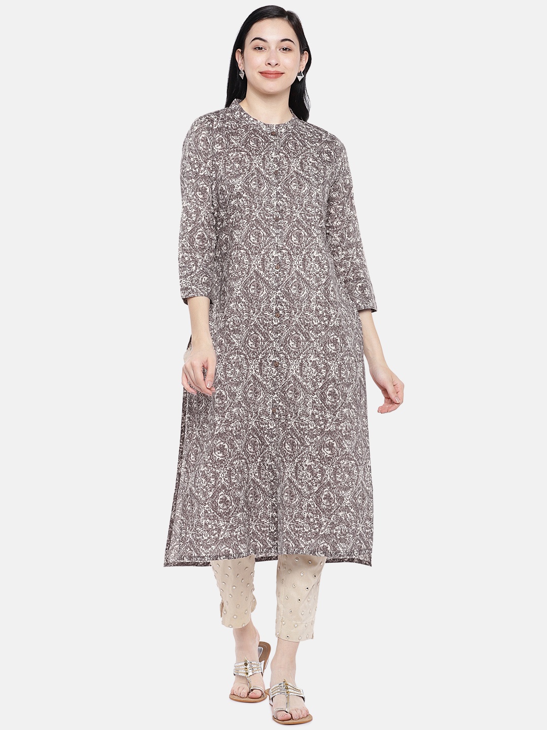 

Prakrti Women Grey & Cream-Coloured Printed Straight Kurta