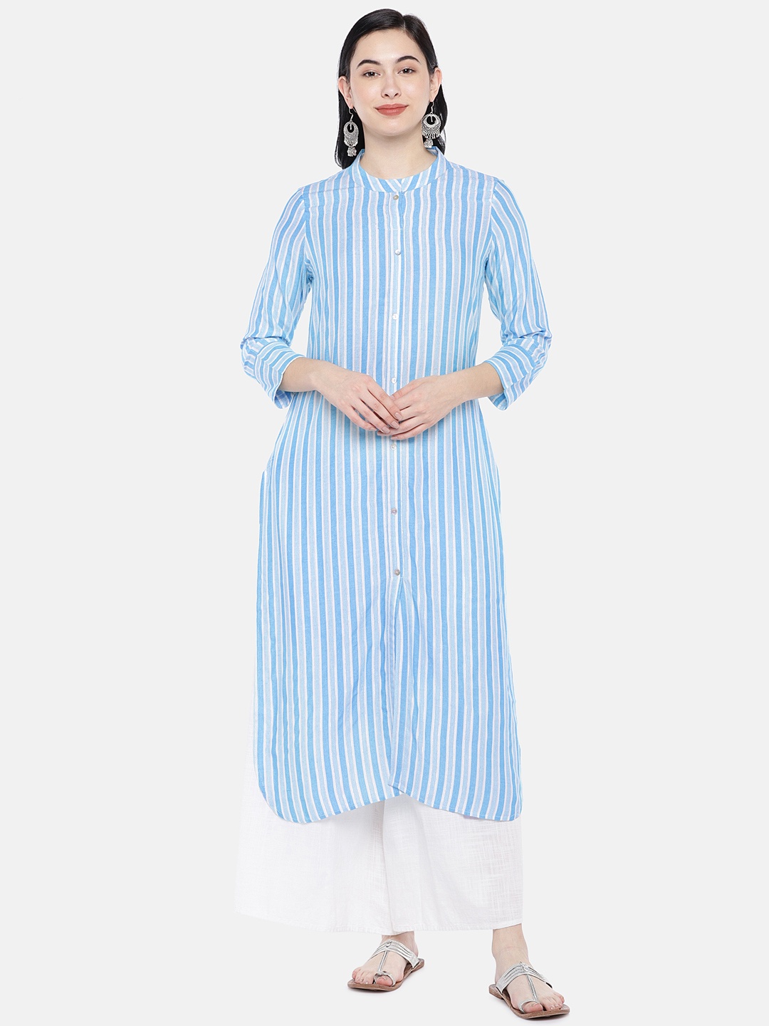 

Prakrti Women Blue & White Striped Straight Sustainable Kurta