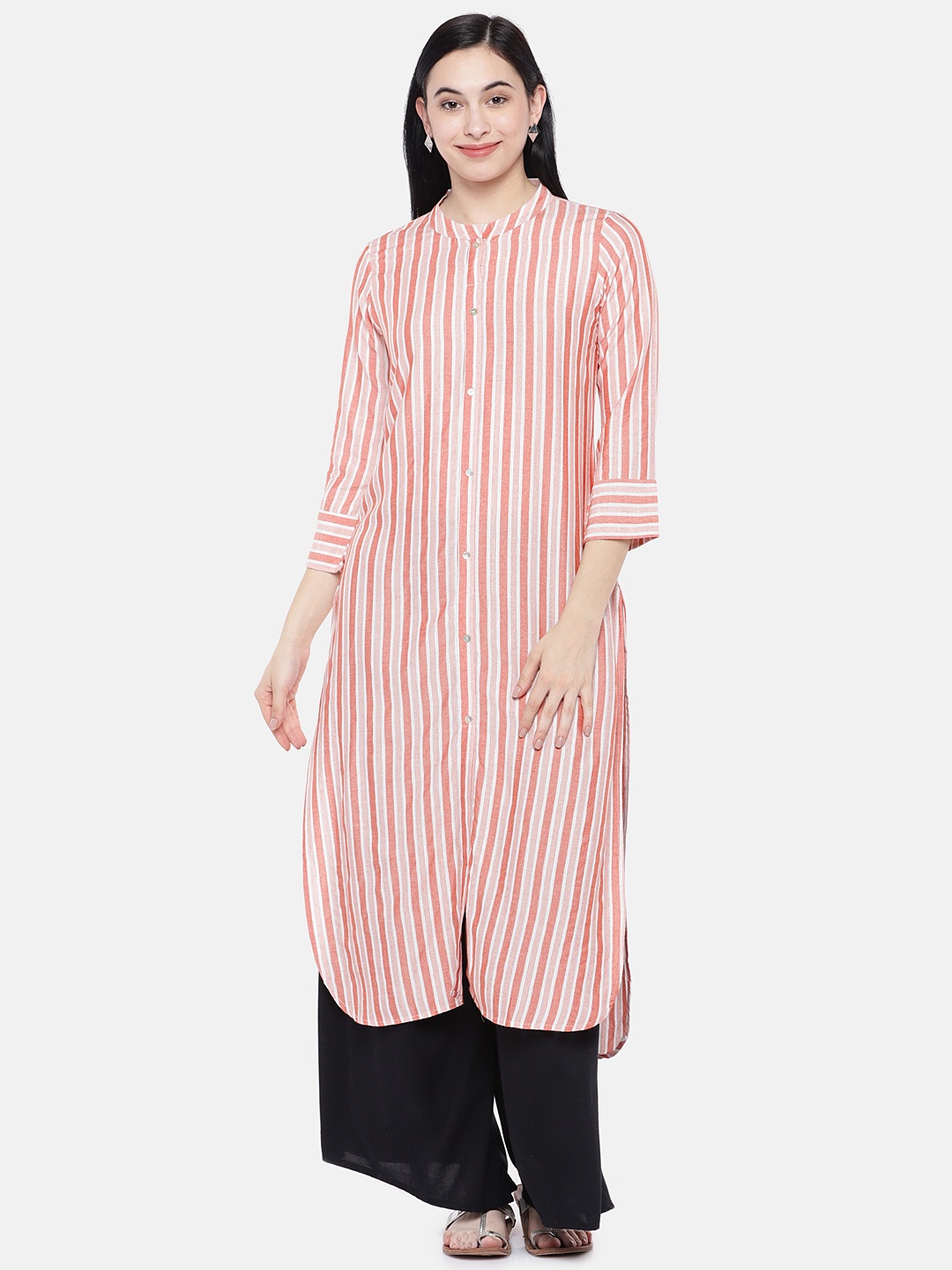 

Prakrti Women Rust & White Striped Sustainable Straight Kurta