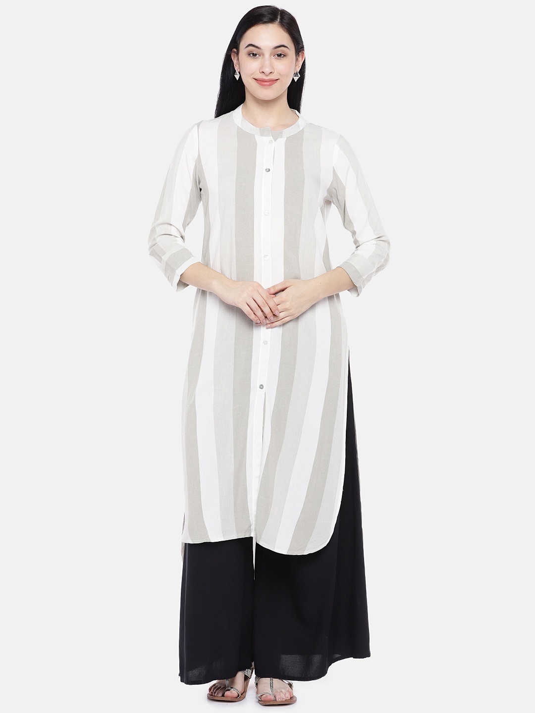 

Prakrti Women Grey & White Striped Straight Kurta
