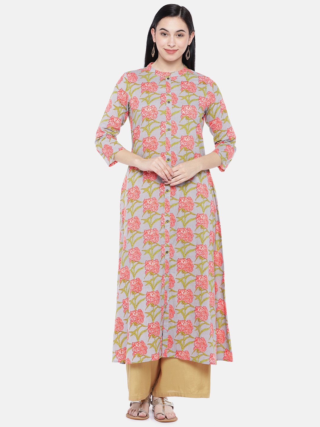 

Prakrti Women Grey & Coral Pink Printed A-Line Kurta