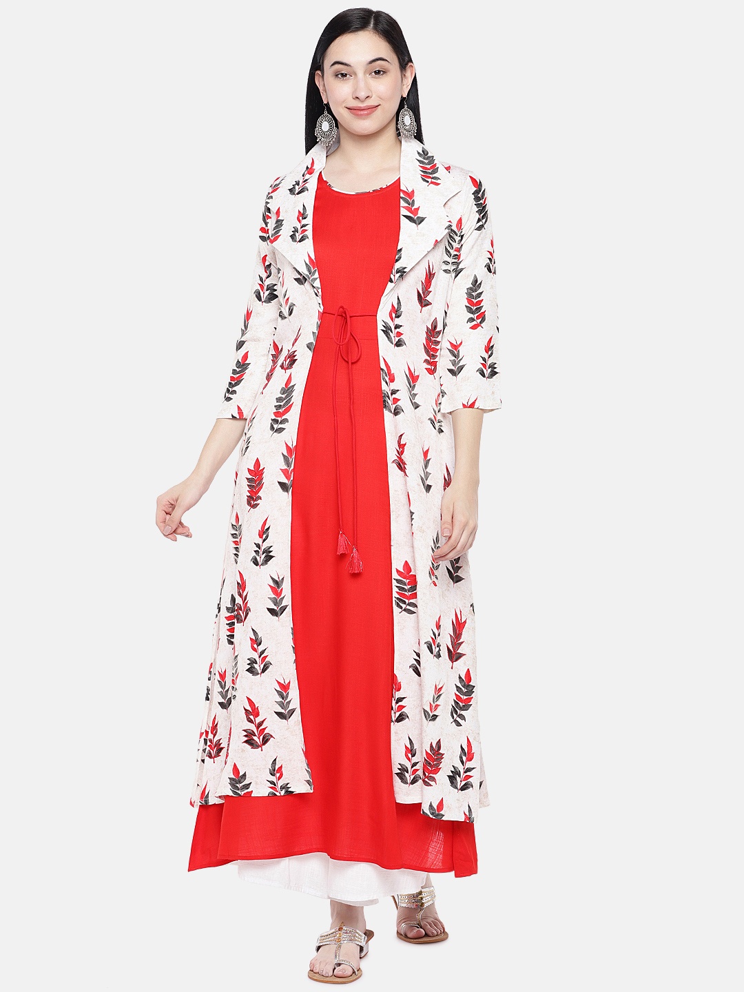 

Prakrti Women Off-White & Red Printed A-Line Kurta with Shrug
