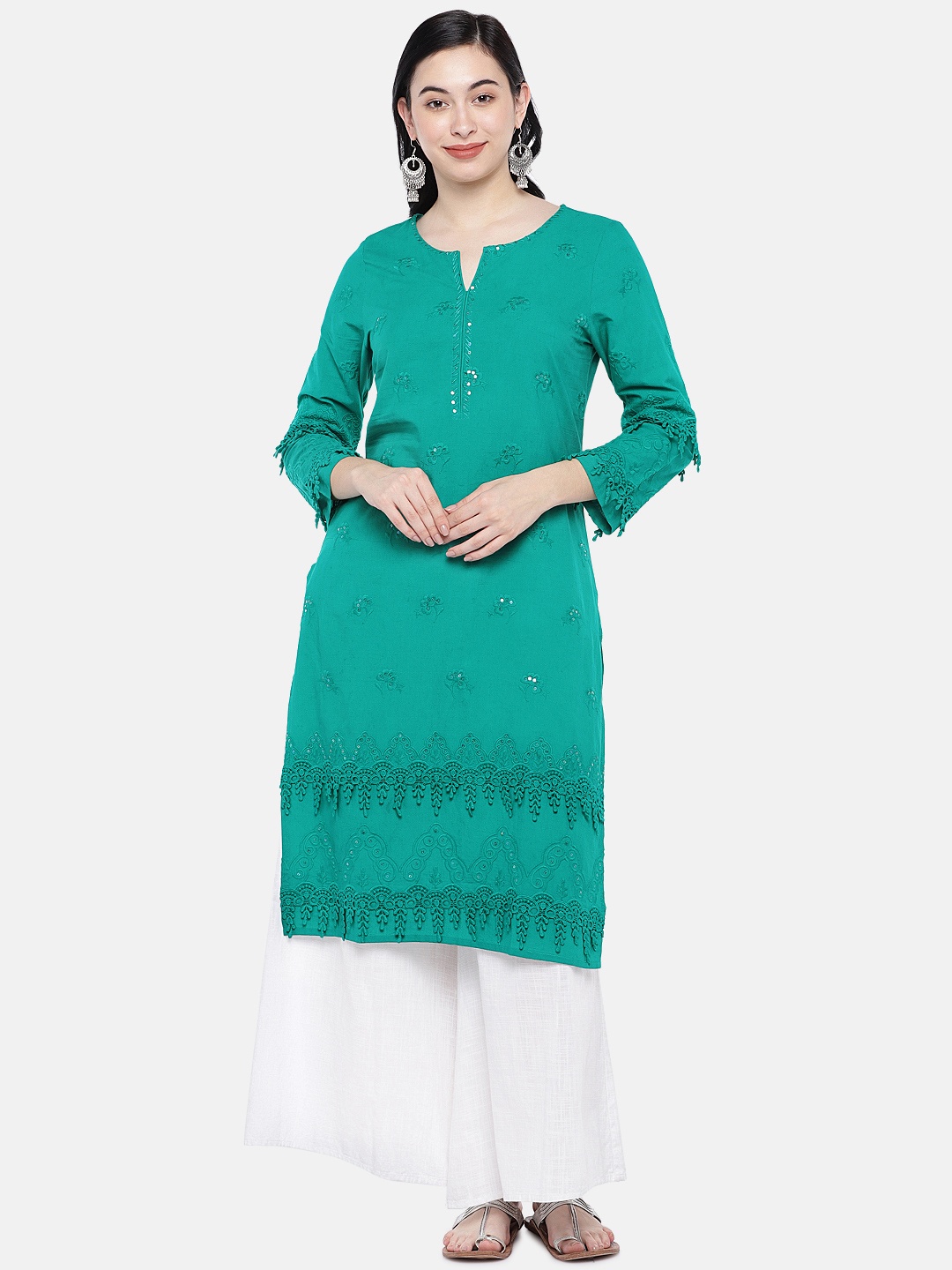 

Prakrti Women Teal Green Schiffli Embroidered Straight Kurta