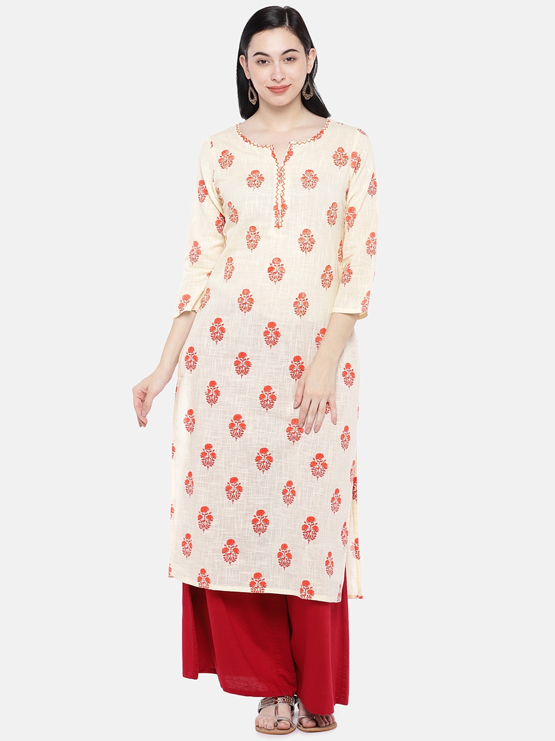 

Prakrti Women Off-White & Orange Printed Straight Kurta