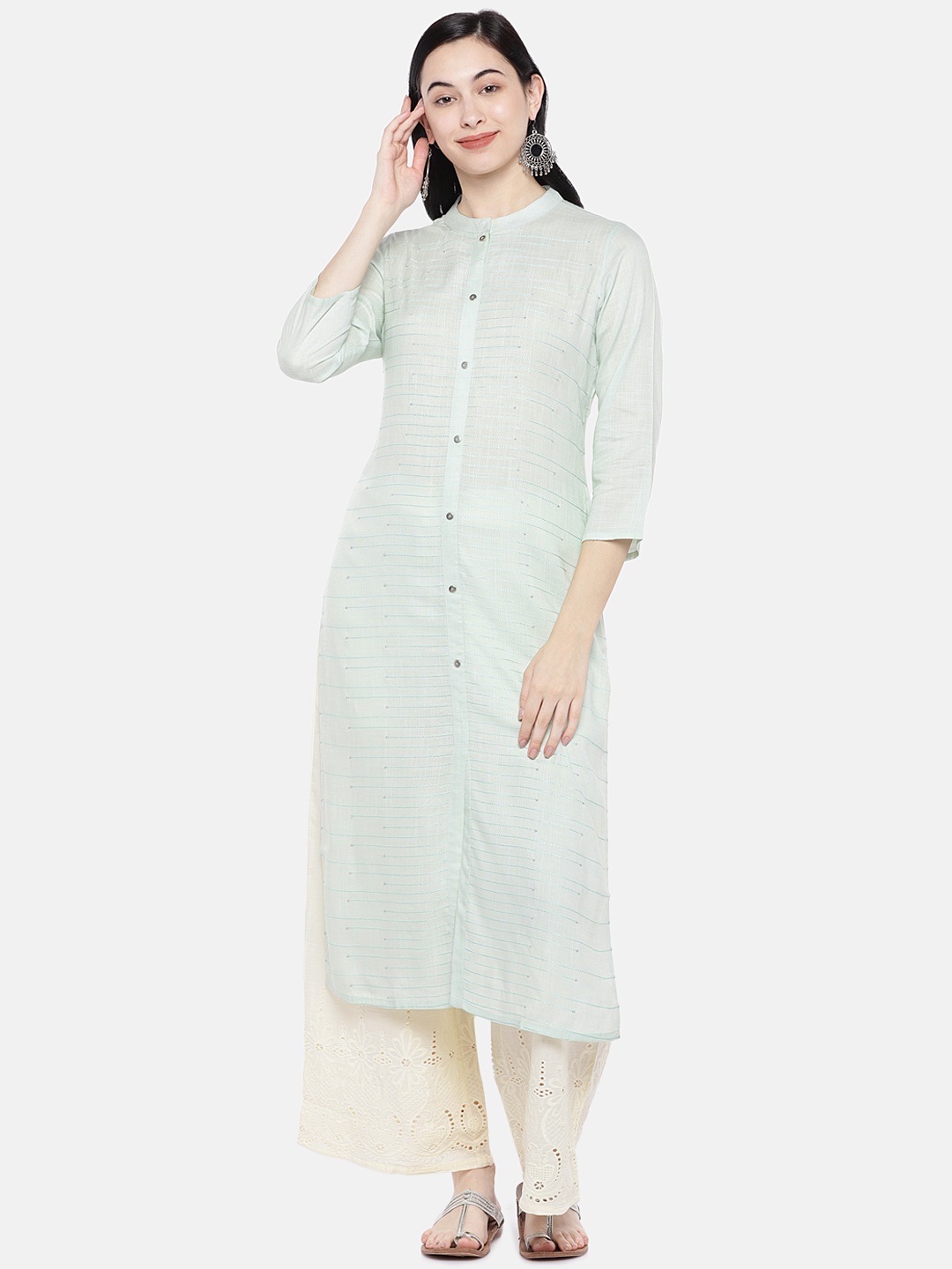 

Prakrti Women Sea Green & Off-White Embroidered Kurta with Palazzos