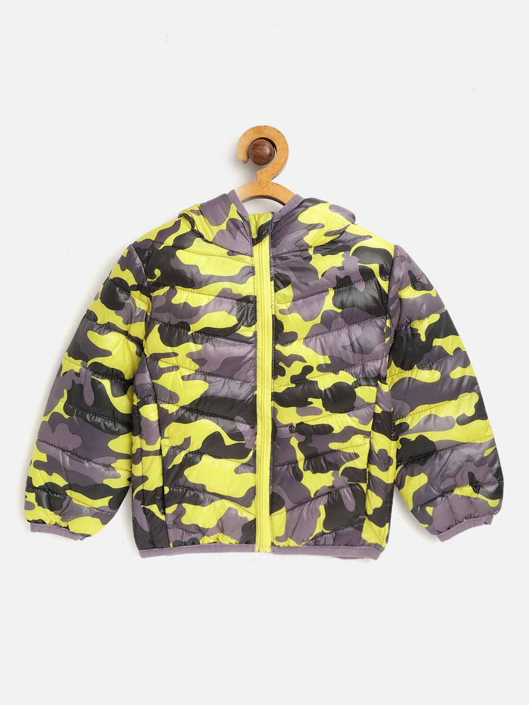 

Kids On Board Kids Purple and Yellow Camouflage Print Hooded Puffer Jacket