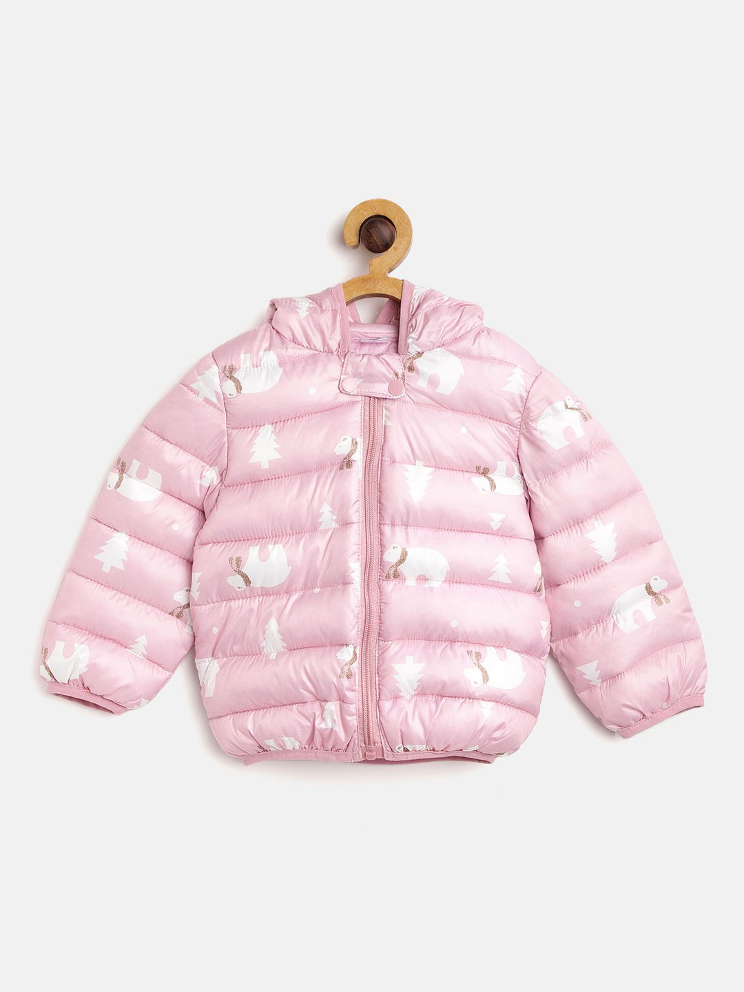 

Kids On Board Kids Pink & White Printed Hooded Puffer Jacket