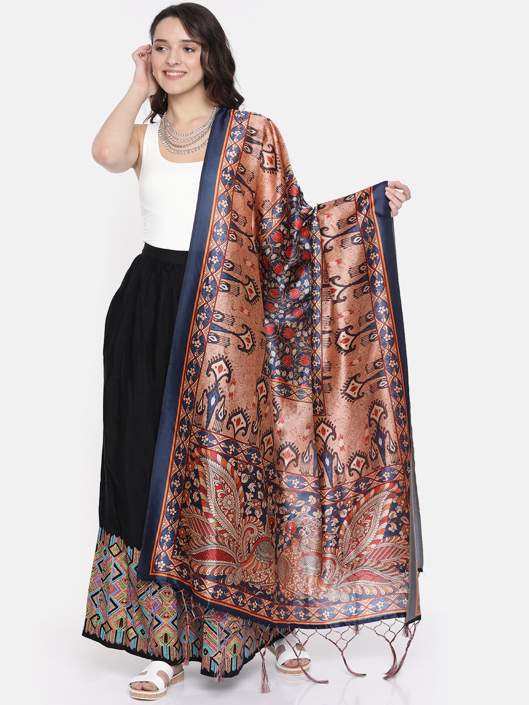 

Sugathari Beige & Navy Blue Printed Dupatta