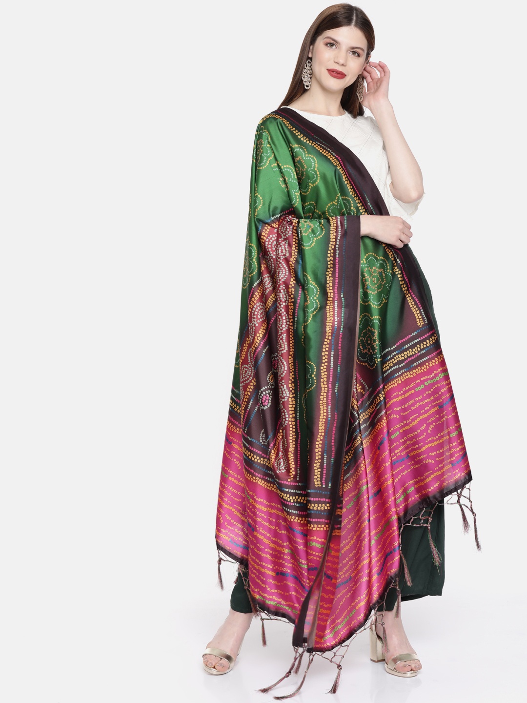 

Sugathari Green & Pink Printed Dupatta