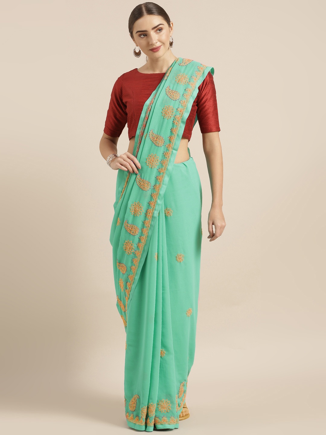 

ADA Green Embroidered Poly Georgette Sustainable Handloom Saree