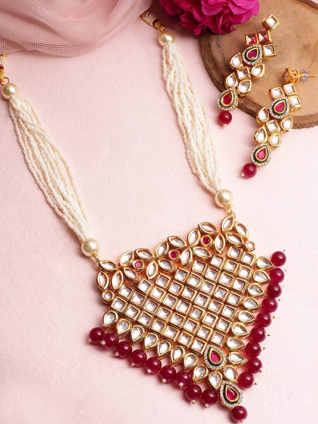 

Rubans White & Pink Stone-Studded Gold-Plated Kundan Jewellery Set
