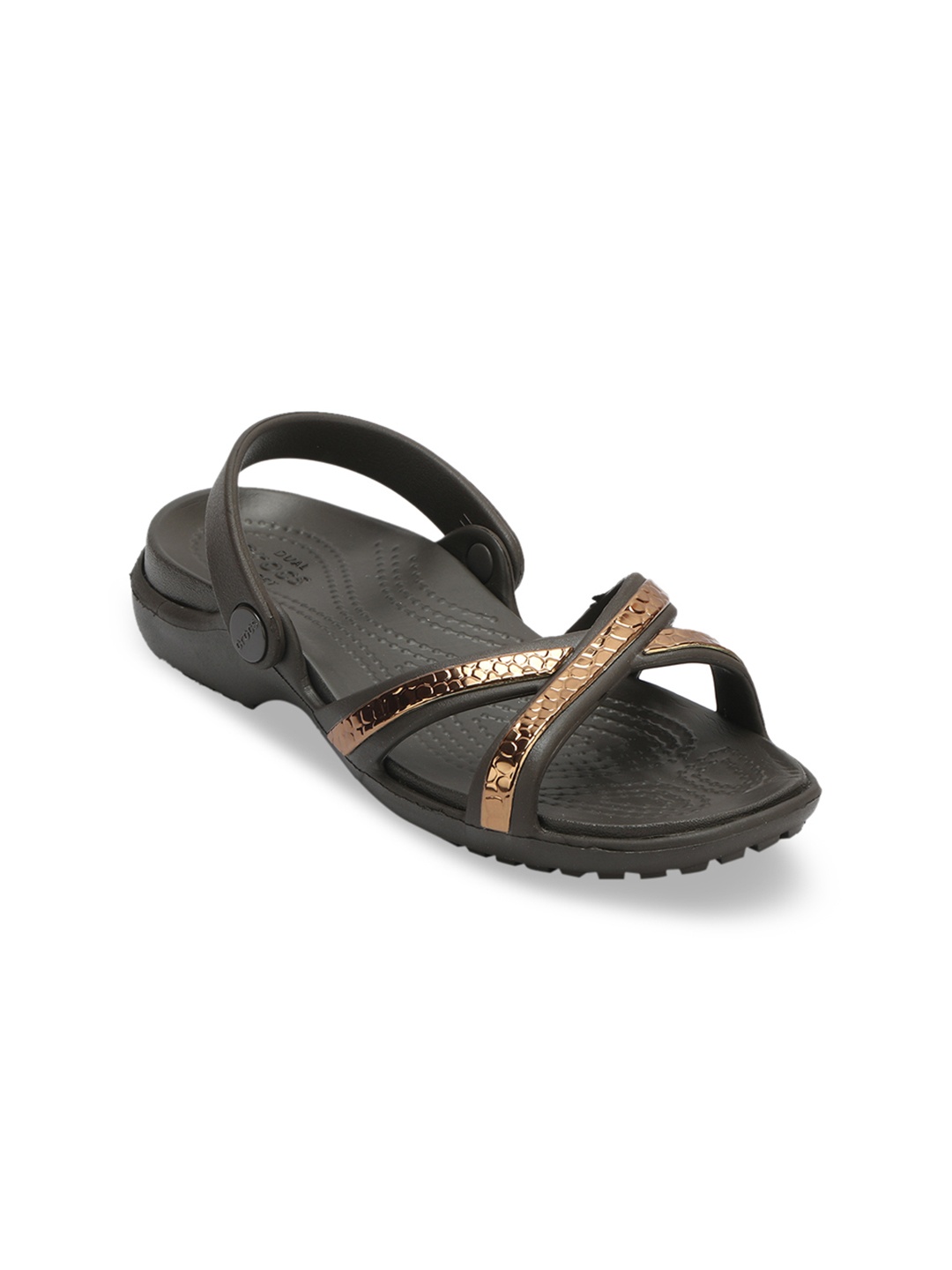 

Crocs Women Black & Bronze-Toned Croc Textured Open Toe Flats