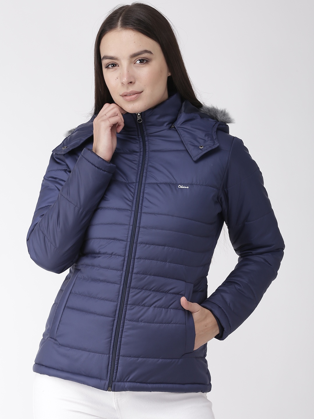

Okane Women Navy Solid Padded Jacket with Detachable Hood, Navy blue