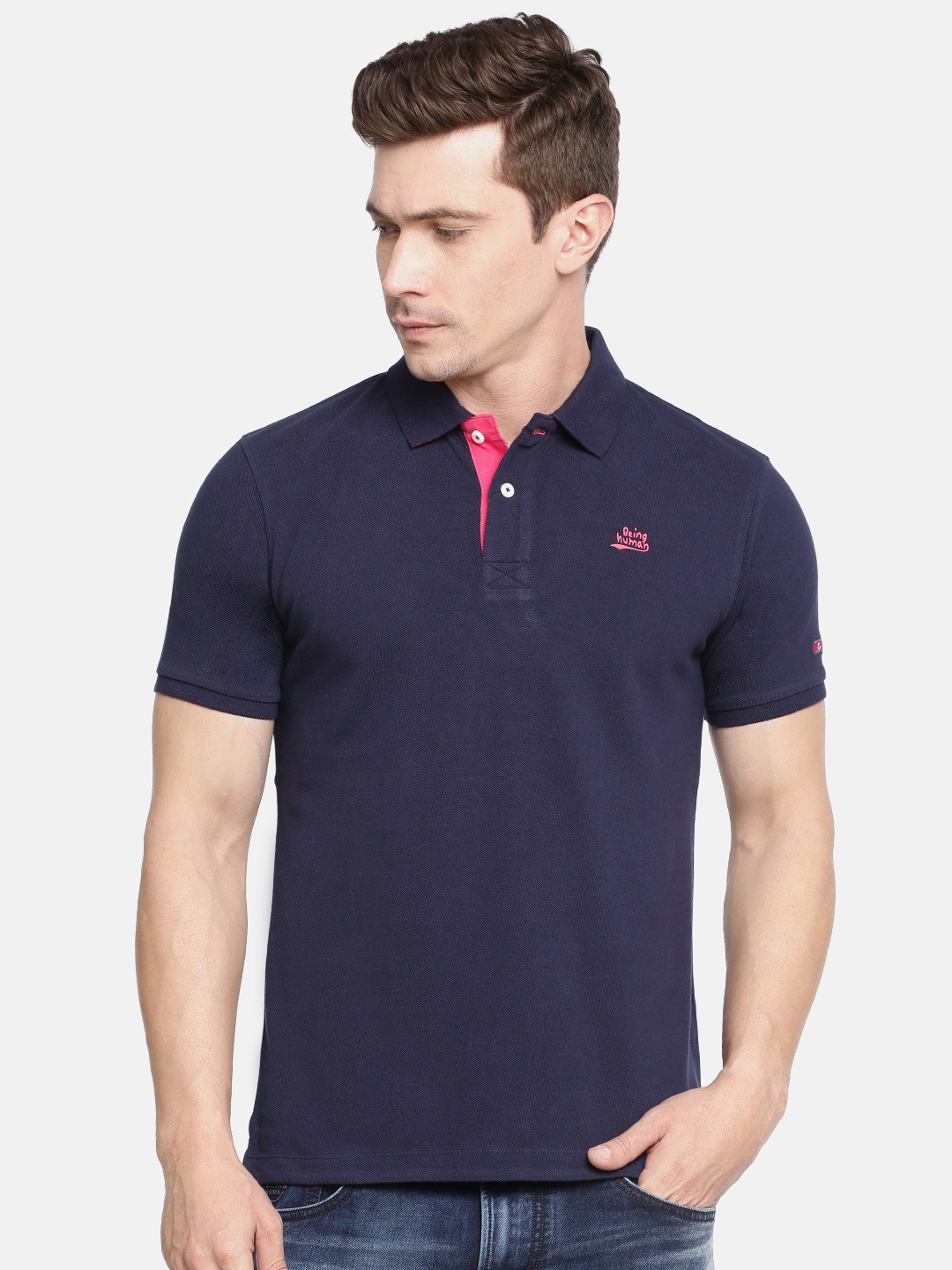 

Being Human Clothing Men Navy Blue Solid Polo Collar Pure Cotton T-shirt