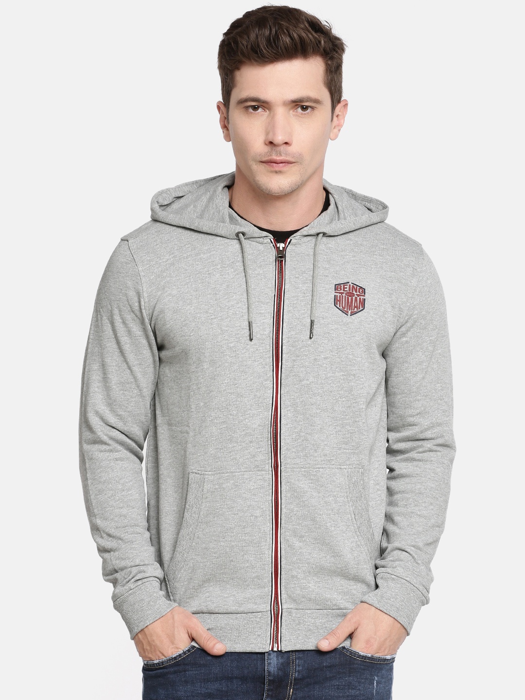 

Being Human Clothing Men Grey Melange Solid Hooded Sweatshirt