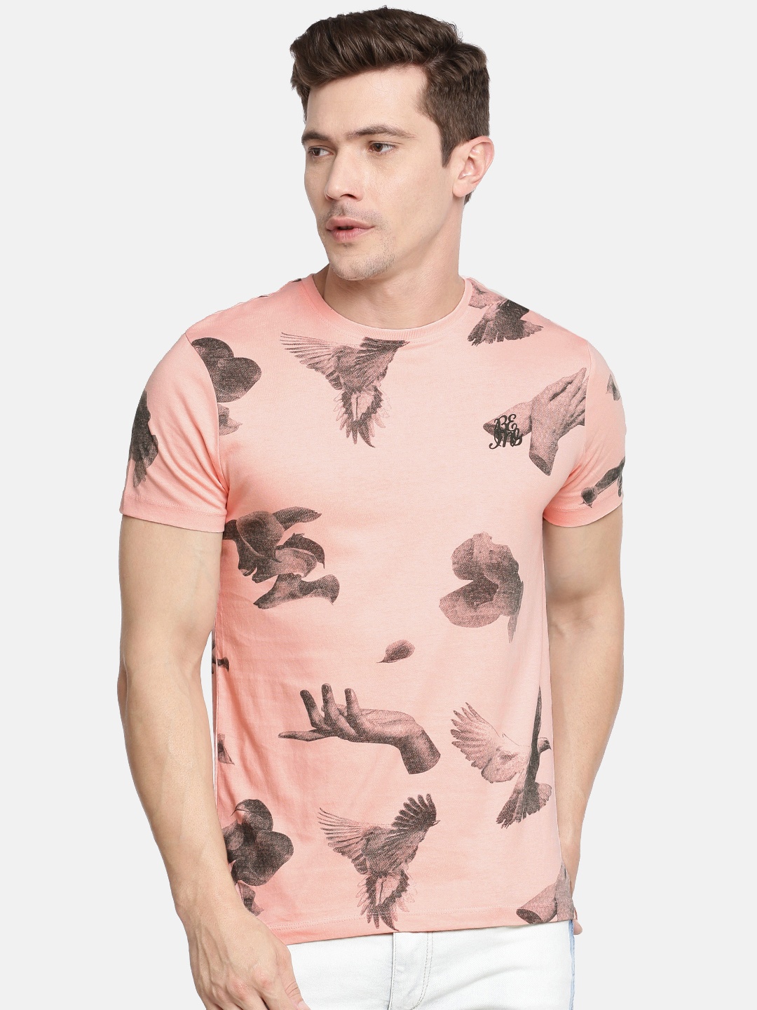 

Being Human Clothing Men Pink Printed Round Neck Pure Cotton T-shirt