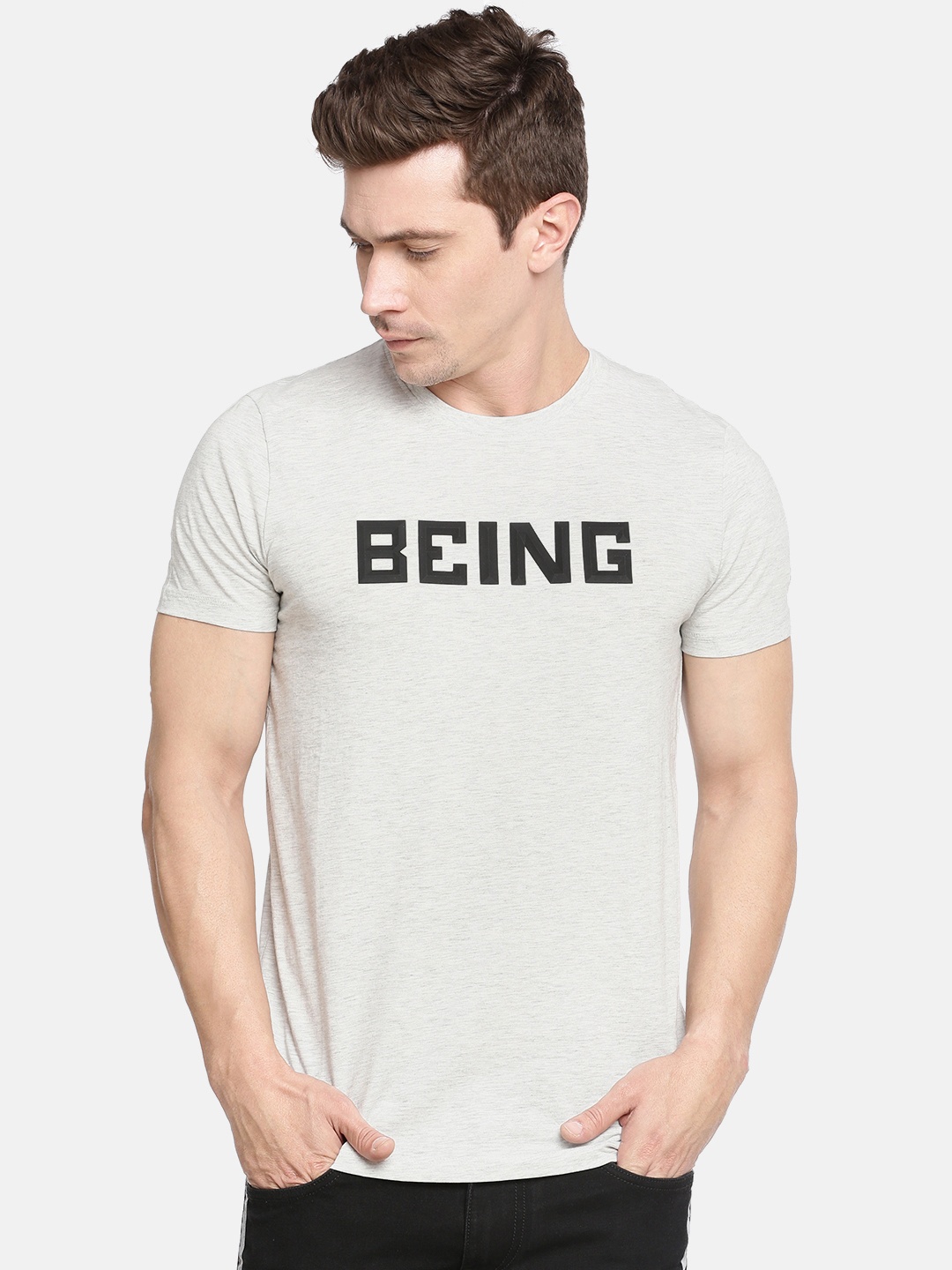 

Being Human Men Grey Printed Round Neck Pure Cotton T-shirt