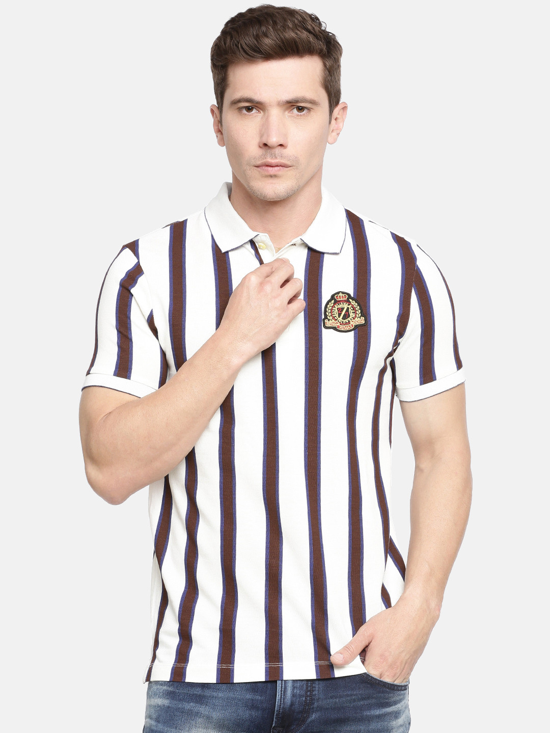 

Being Human Clothing Men White Maroon Striped Polo Collar Pure Cotton T-shirt