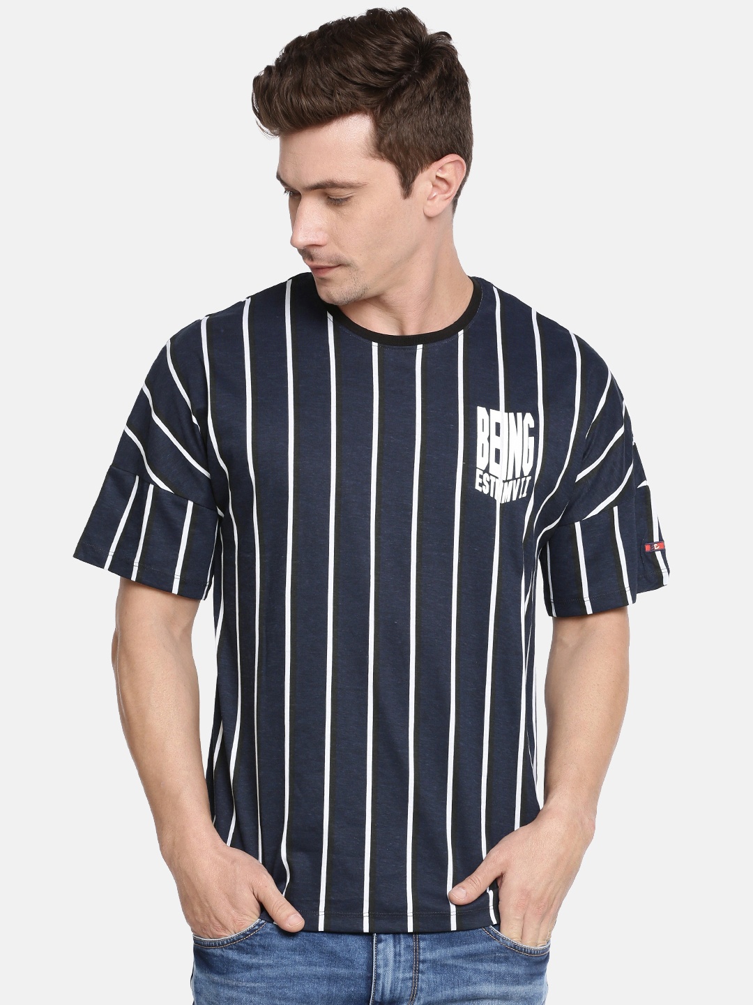 

Being Human Men Navy Blue & White Striped Round Neck T-shirt