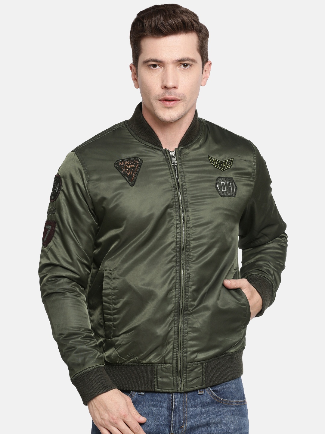 

Being Human Men Olive Green Solid Bomber Jacket