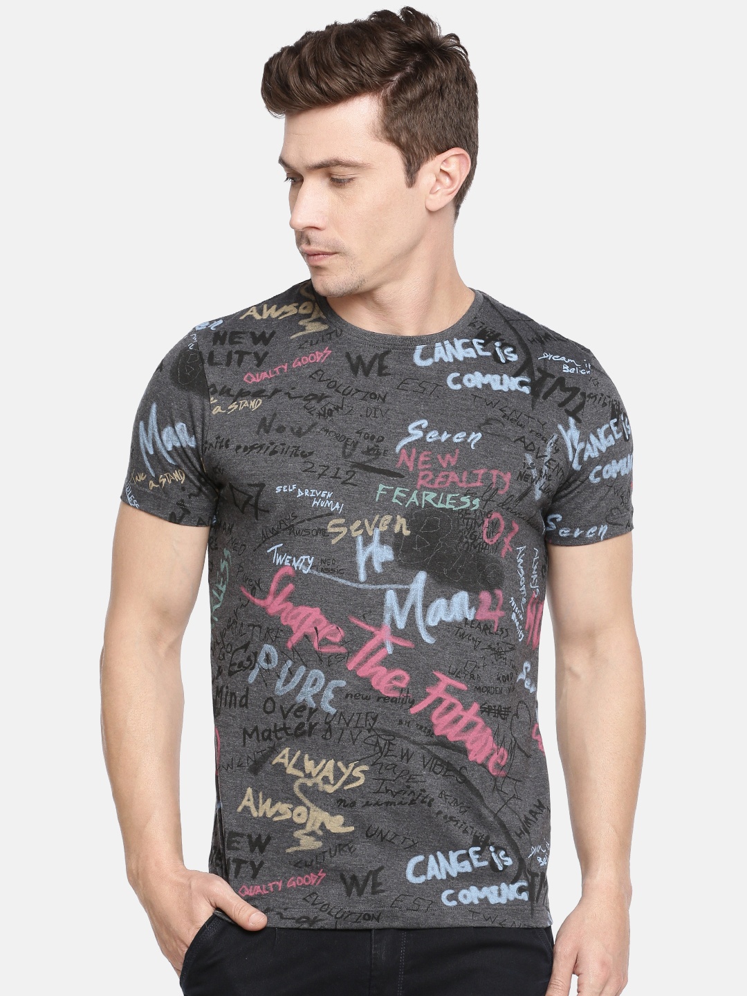 

Being Human Men Grey Printed Round Neck T-shirt