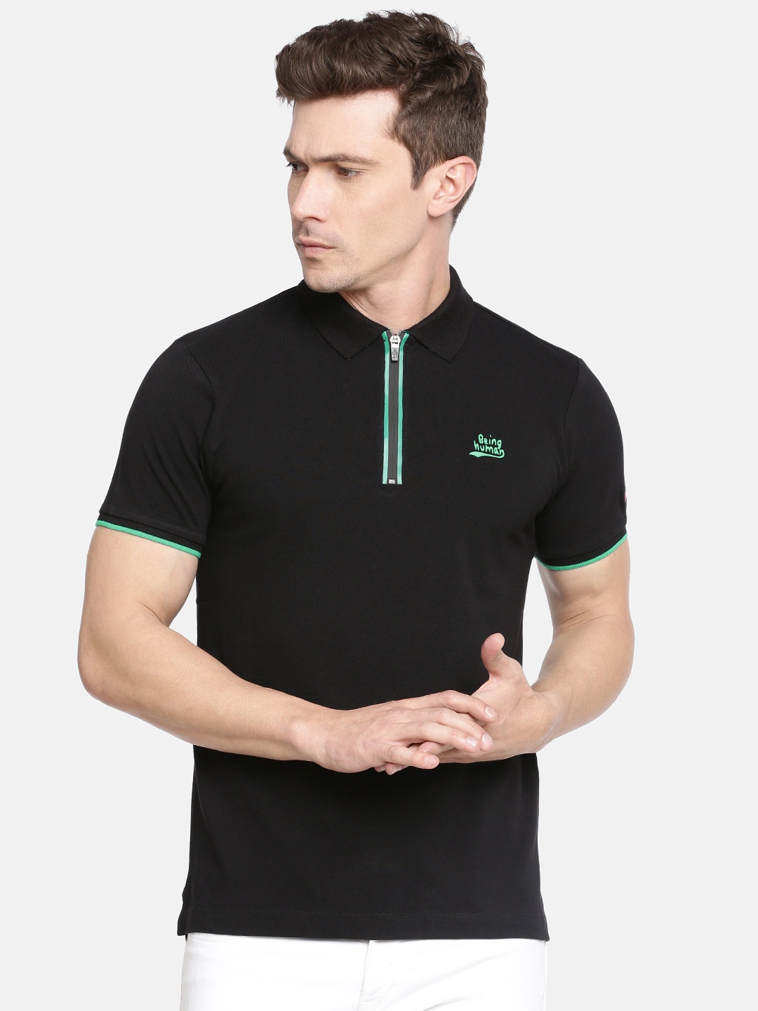 

Being Human Clothing Men Black Solid Polo Collar Pure Cotton T-shirt