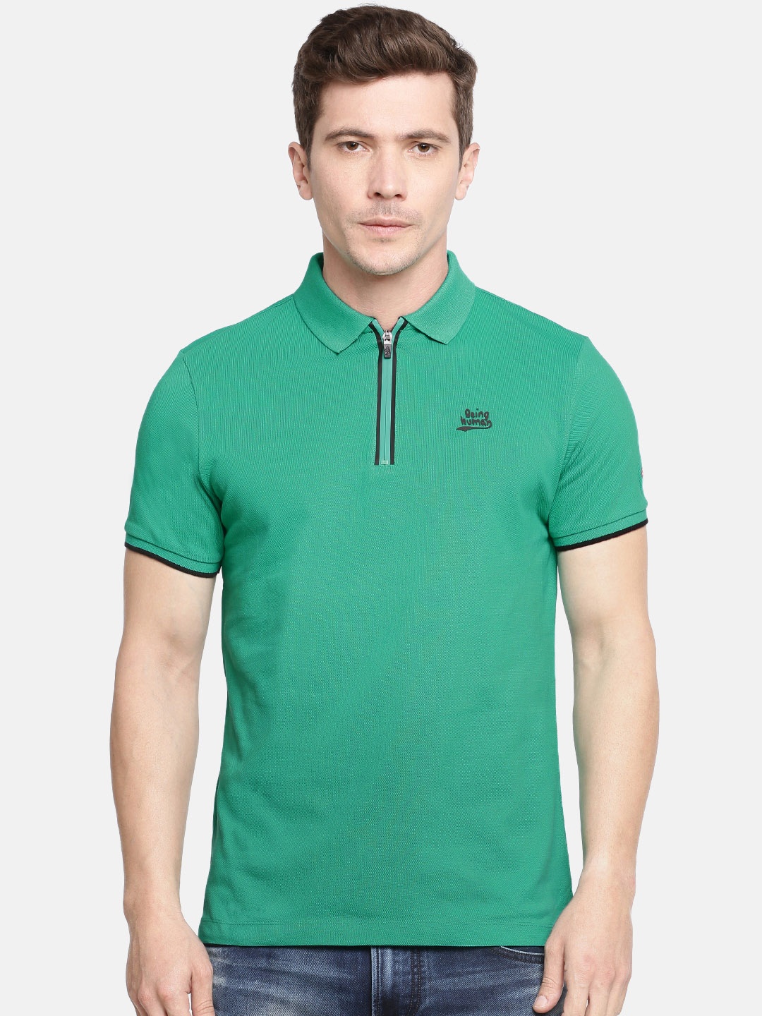 Being Human Clothing Men Green Solid Polo Collar Pure Cotton T-shirt