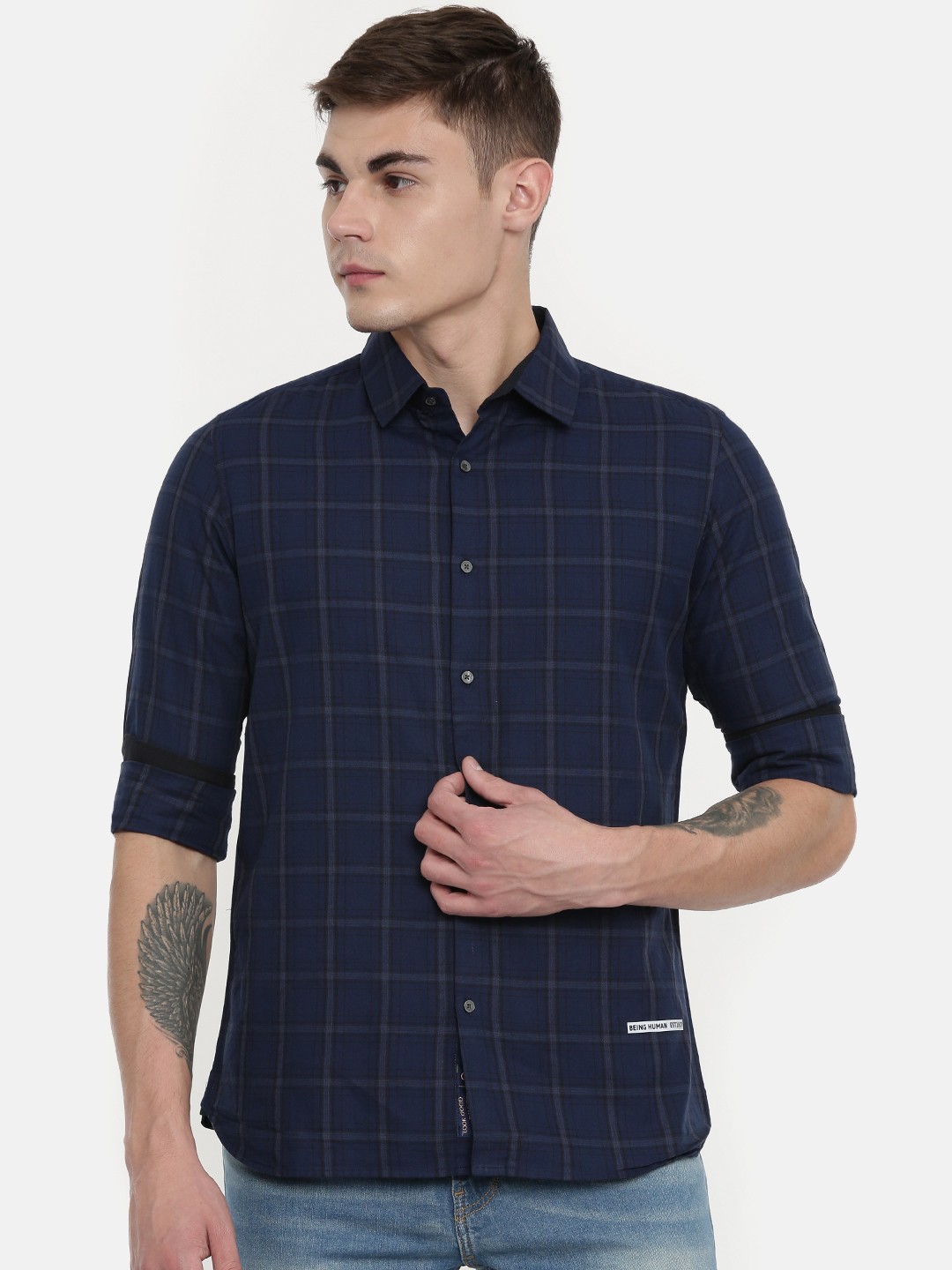 

Being Human Clothing Men Navy Blue & Black Slim Fit Checked Casual Shirt